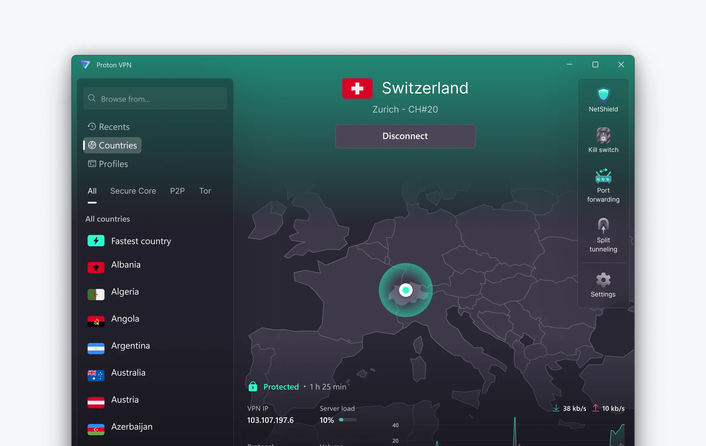 ProtonVPN interface connectée